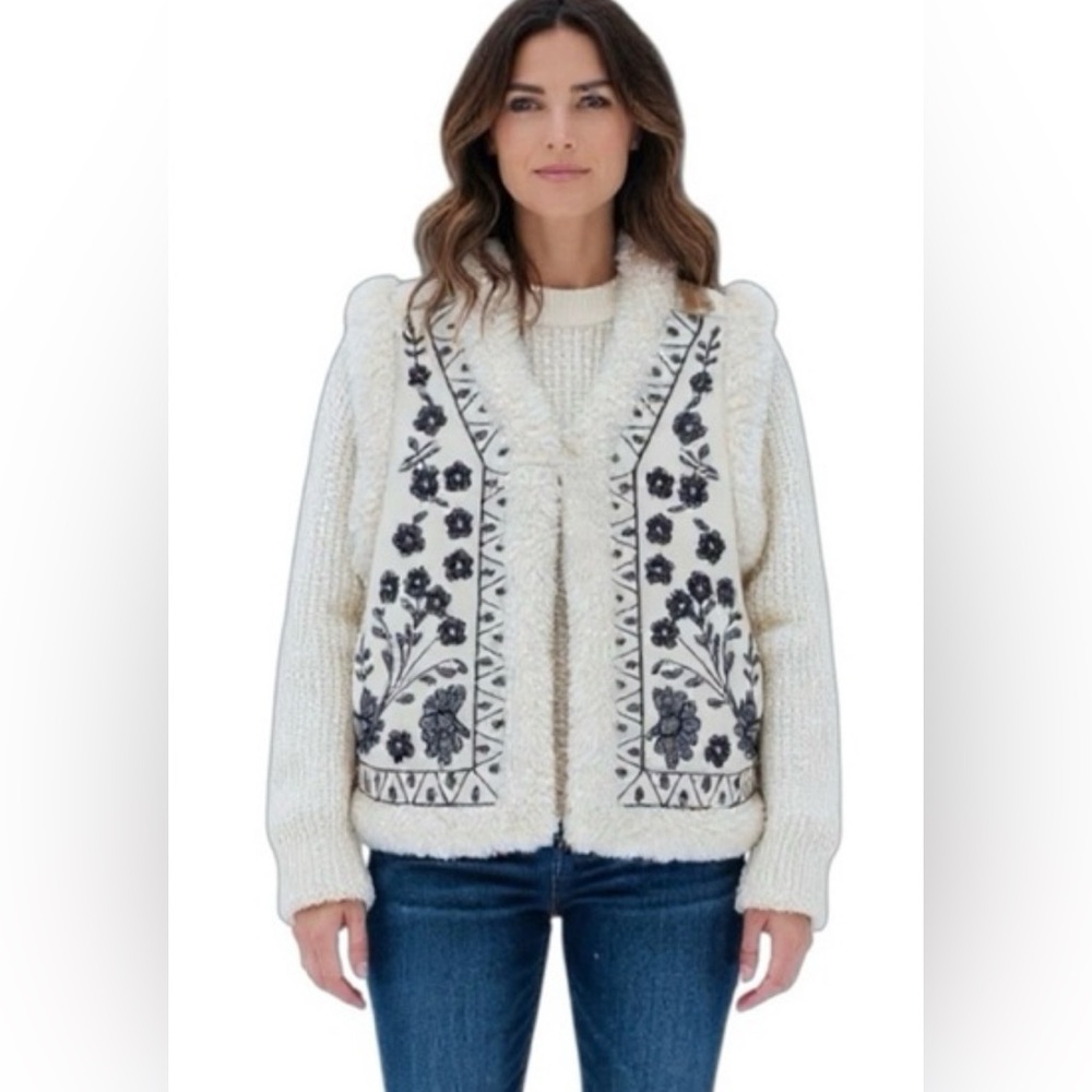 House of Harlow 1960 Shearling Vest w/ Embroidered Floral Panels One Size NEW